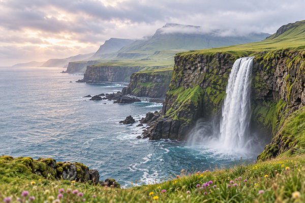 Waterfall pouring off green sea cliffs in Iceland